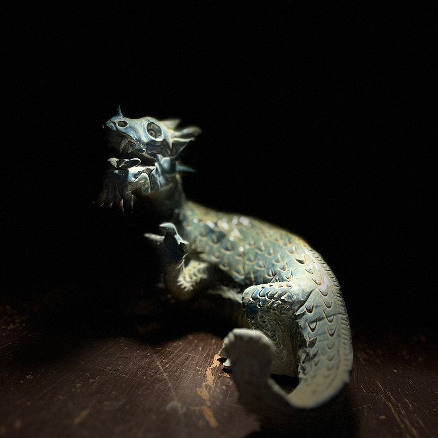 Moon Dragon, blue glazed ceramic dragon